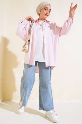 Çizgili Oversize Gömlek Beyaz Pembe - Thumbnail