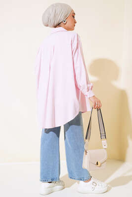 Çizgili Oversize Gömlek Beyaz Pembe - Thumbnail