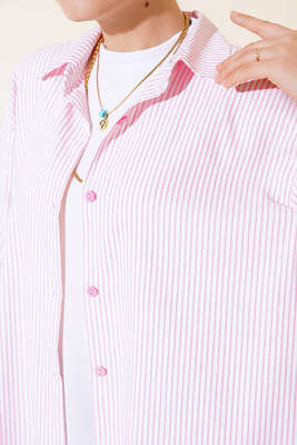 Çizgili Oversize Gömlek Beyaz Pembe - Thumbnail