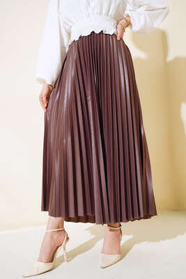 Pliseli Deri Görünümlü Etek Kahve - Thumbnail