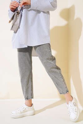 Pazarium - Boru Paça Kot Pantolon Gri Kar