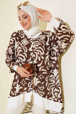 Desenli Oversize Gömlek Kahve Bej - Thumbnail