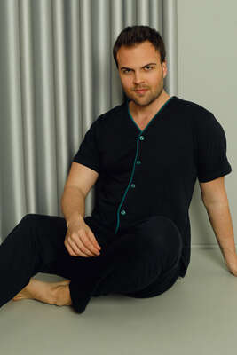 Boydan Düğmeli Kısa Kol Erkek Pijama Takım Lacivert - Thumbnail