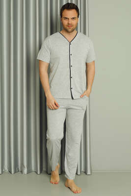 Pazarium - Boydan Düğmeli Kısa Kol Erkek Pijama Takım Gri
