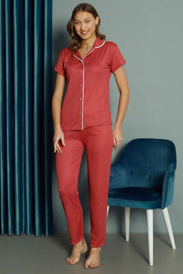 Pazarium - Gömlek Yaka Kadın Pijama Takım Gül Kurusu