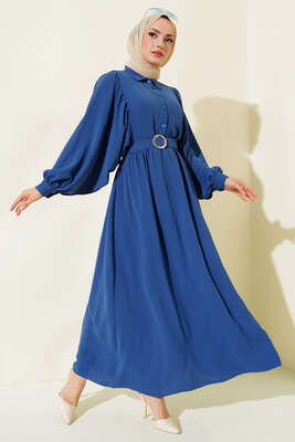 Pazarium - Balon Kol Gömlek Yaka Elbise İndigo