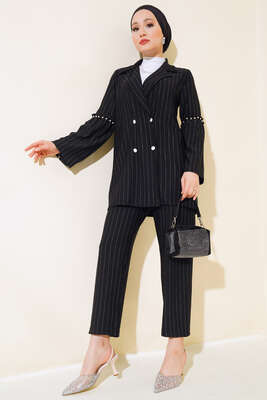 Kolları Boncuklu Zara Takım Siyah - Thumbnail