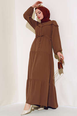 Pazarium - Önü Yarım Düğmeli Kat Kat Elbise Taba