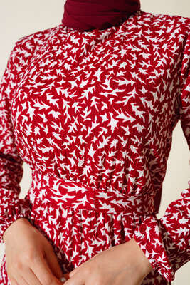 Desenli Bürümcük Elbise Bordo - Thumbnail