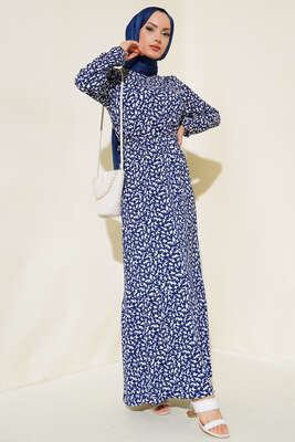 Desenli Bürümcük Elbise Lacivert - Thumbnail