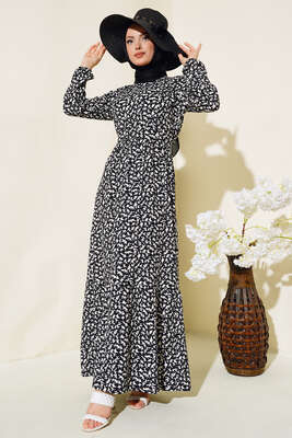 Desenli Bürümcük Elbise Siyah - Thumbnail