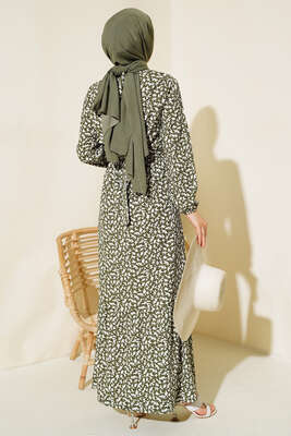 Desenli Bürümcük Elbise Haki - Thumbnail