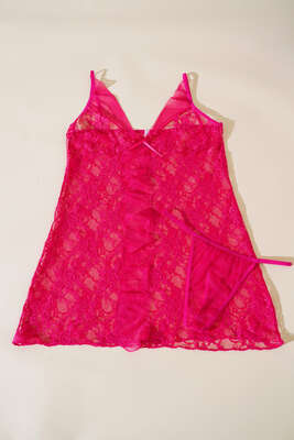 Pazarium - Önü Fırfırlı Dantelli Fantazi Gecelik Fuşya