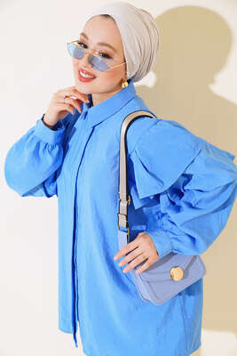 Pazarium - Omuzları Kat Kat Tunik Mavi