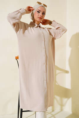 Cep Detaylı Uzun Tunik Bej - Thumbnail