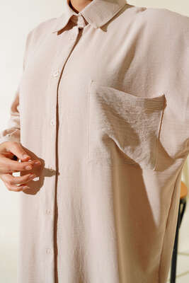 Cep Detaylı Uzun Tunik Bej - Thumbnail