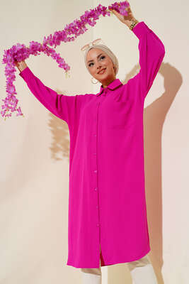 Cep Detaylı Uzun Tunik Fuşya - Thumbnail