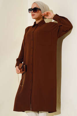 Cep Detaylı Uzun Tunik Kahve - Thumbnail