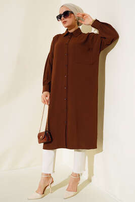 Cep Detaylı Uzun Tunik Kahve - Thumbnail