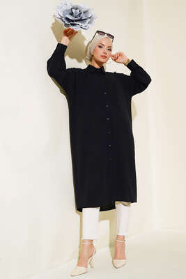 Cep Detaylı Uzun Tunik Siyah - Thumbnail