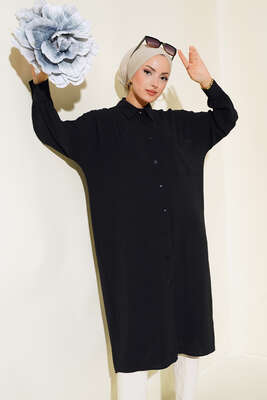 Cep Detaylı Uzun Tunik Siyah - Thumbnail