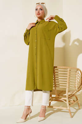 Cep Detaylı Uzun Tunik Yağ Yeşili - Thumbnail