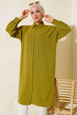 Cep Detaylı Uzun Tunik Yağ Yeşili - Thumbnail