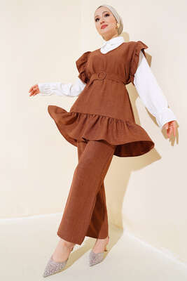Omuz Fıfırlı Üçlü Keten Takım Kahve - Thumbnail