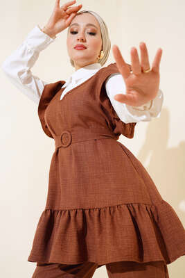 Omuz Fıfırlı Üçlü Keten Takım Kahve - Thumbnail