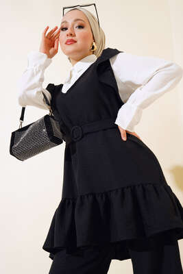 Omuz Fıfırlı Üçlü Keten Takım Siyah - Thumbnail