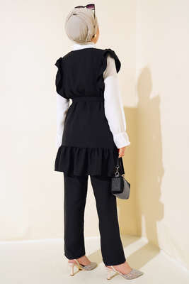 Omuz Fıfırlı Üçlü Keten Takım Siyah - Thumbnail