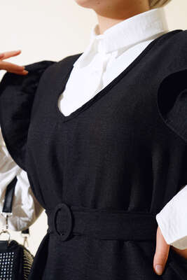 Omuz Fıfırlı Üçlü Keten Takım Siyah - Thumbnail