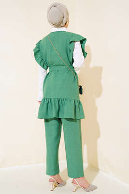 Omuz Fıfırlı Üçlü Keten Takım Yeşil - Thumbnail