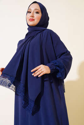 Şal Modelli Kol Dantelli Ferace Lacivert - Thumbnail