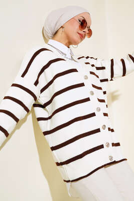 Çizgili Salaş Hırka Ekru Kahve - Thumbnail