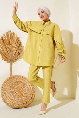 Pazarium - Omuz Ve Kolu Katlı İkili Takım Yağ Yeşili