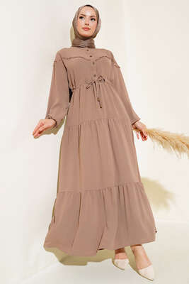 Önü Yarım Düğmeli Kat Kat Elbise Kestane - Thumbnail