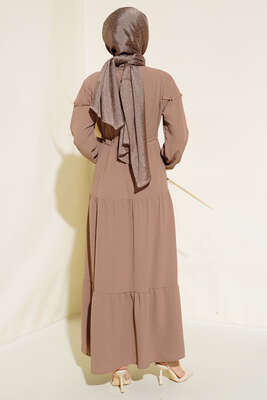 Önü Yarım Düğmeli Kat Kat Elbise Kestane - Thumbnail