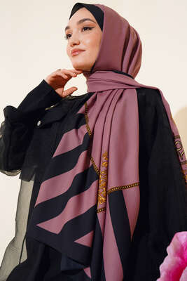 Kenarları Desenli Medine Şal Gül Kurusu - Thumbnail