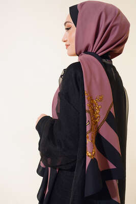 Kenarları Desenli Medine Şal Gül Kurusu - Thumbnail