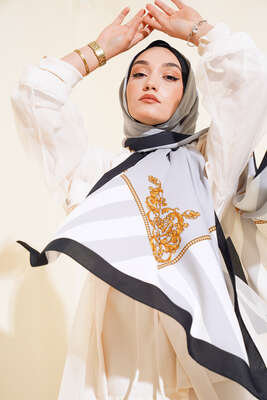 Kenarları Desenli Medine Şal Gri - Thumbnail