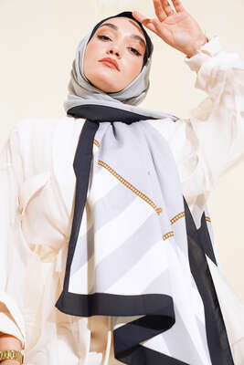 Kenarları Desenli Medine Şal Gri - Thumbnail