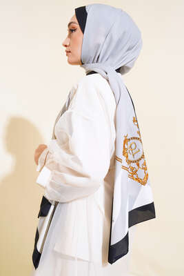 Kenarları Desenli Medine Şal Gri - Thumbnail