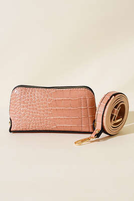 Kroko Desen Bel Çantası Pudra - Thumbnail