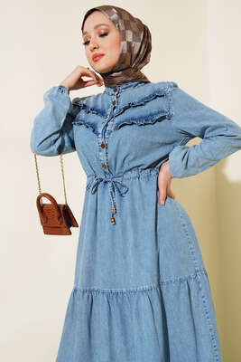 Önü Fırfırlı Tünelli Kot Elbise Kot Mavisi - Thumbnail