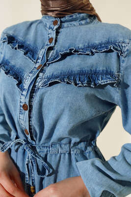 Önü Fırfırlı Tünelli Kot Elbise Kot Mavisi - Thumbnail