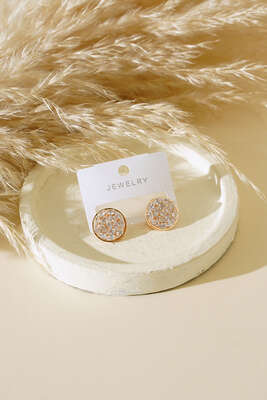 Parlak Taşlı Yuvarlak Küpe Gold - Thumbnail