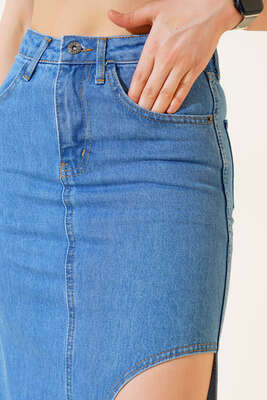 Önü Yırtmaçlı Kısa Kot Etek Orta Mavi - Thumbnail