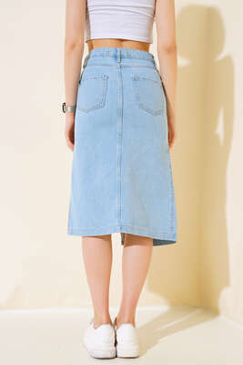 Önü Yırtmaçlı Kısa Kot Etek Açık Mavi - Thumbnail