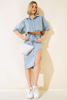 Parlak Taş Süslemeli Kısa Kot Ceket Mavi - Thumbnail